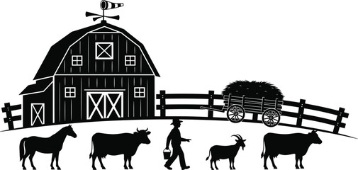 Black and white vector silhouette illustration of farm landscape with barn farmer and animals walking together in a row. © Ruhul