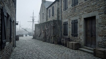 Cobblestone street lined with historic buildings and fishing nets leading to a foggy harbor with a ship