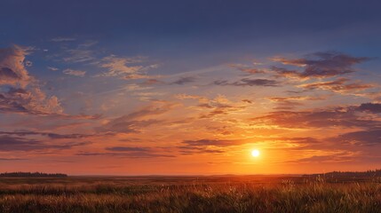 Obraz premium Sunset Serenity over Field: A panoramic vista of an expansive field, painted with the warm hues of a setting sun, and soft clouds drifting in the vast blue sky.