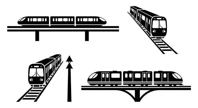 Monorail train on elevated tracks in various positions.