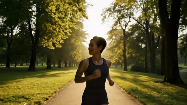 Woman runs on paved path in park sunlight active lifestyle