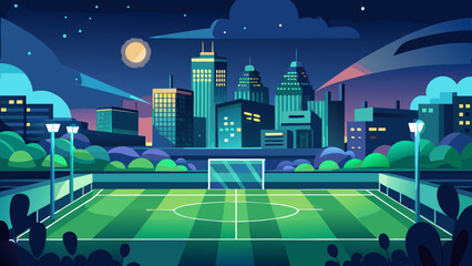A vibrant vector illustration of a nighttime city skyline with a well-lit soccer field in the foreground and spectators watching the game. © Rana Islam