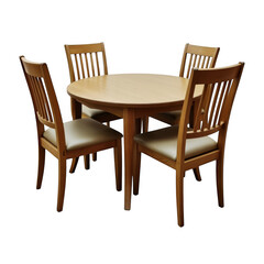 A wooden dining set with four chairs and a table in a modern design isolated on transparent background