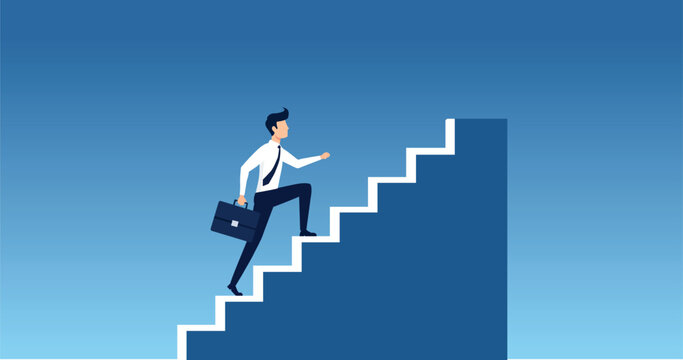 Businessman climbing stairs towards success symbolizing career advancement