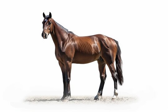 A magnificent brown horse stands elegantly, embodying strength and grace. Its sleek coat gleams under the light.