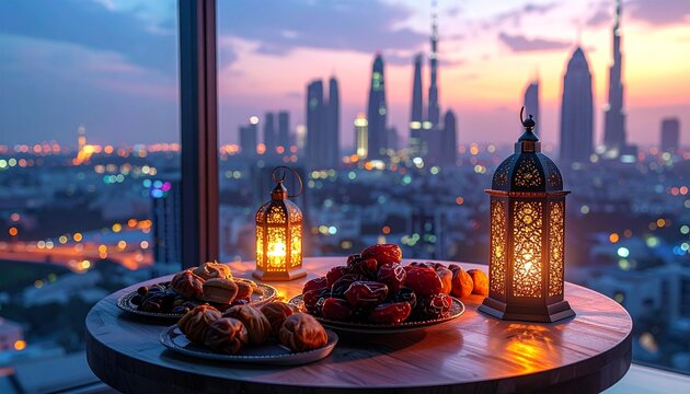 Modern ramadan iftar gathering, ramadan skyline visible from high-rise apartment with lantern-lit table featuring dates. ramadan skyline visible from high-rise apartment with lantern-lit table featuri