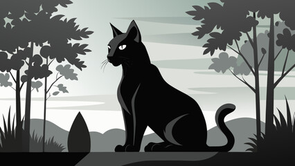 A sleek black cat silhouette sitting calmly in a serene forest setting with trees and a minimalist nature background