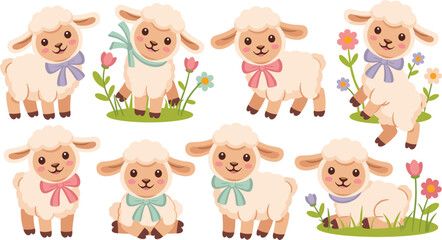 Naklejka premium Set of cute baby lamb characters with colorful bows and spring flowers, adorable sheep vector illustrations for nursery decor, stickers and invitations.