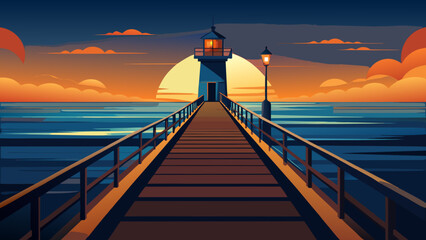 A vector illustration of a wooden pier leading to a lighthouse with a glowing light at sunset over calm ocean waters