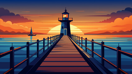 A serene vector illustration of a lighthouse on a wooden pier during sunset with sailboats on calm water
