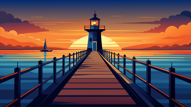 A serene vector illustration of a lighthouse on a wooden pier during sunset with sailboats on calm water