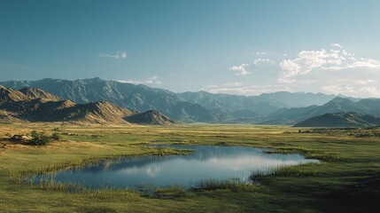 Obraz premium Serene Lake Landscape: A breathtaking panorama unfolds as a tranquil lake mirrors the clear blue sky, embraced by verdant grasslands and majestic mountains, all under a bright sun.