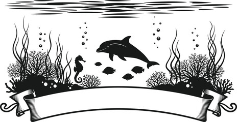 Vector silhouette illustration of underwater marine life featuring dolphin and seahorse with coral reef and blank ribbon banner. © Ruhul