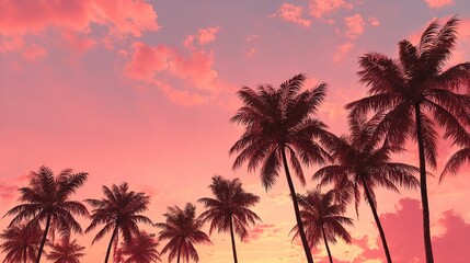 Tropical Sunset Silhouette: Palm trees stand in silhouette against a breathtaking sunset, painting the sky with warm hues. The image embodies the serenity and tropical beauty.