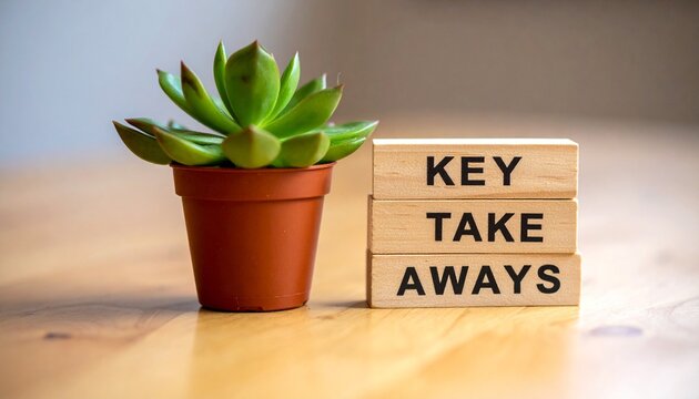 Small potted succulent beside wooden blocks with text &ldquo;key take aways,&rdquo; symbolizing summary and highlights.