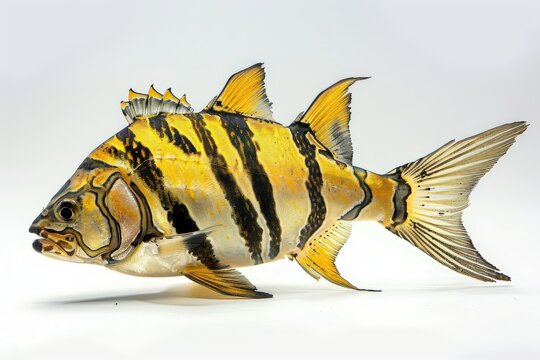 A striking, intricately detailed depiction of an aquatic tigerfish in a vibrant illustration, showcasing the mesmerizing patterns and textures of its scales and fins.