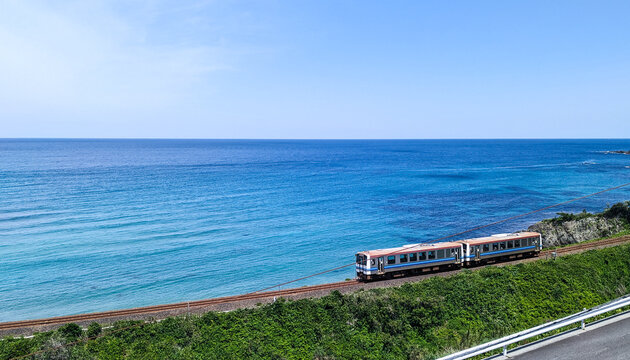 夏の青空の下、美しい海岸線沿いを走行する2両編成の汽車（右側配置）