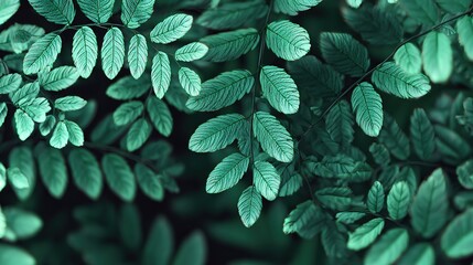 Obraz premium Emerald Leaf Canopy: A close-up view of vibrant emerald leaves, creating a stunning display of nature's intricate design, evokes a sense of freshness and vitality.