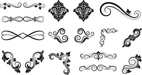 Fototapeta premium Ornate decorative flourish vector illustration, vintage scrolls, corner embellishments, and symmetrical motifs - classical design artwork