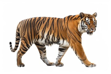 Fototapeta premium A majestic tiger strides with purpose, its striking stripes a symbol of wilderness, captured in a pristine portrait.