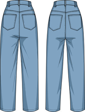 Jeans back view flat sketch vector illustration, denim design with belt loops, yoke seams, pockets, and topstitching - fashion technical drawing