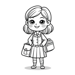 Fototapeta premium Cute cartoon schoolgirl in uniform with two bags ready for school black and white outline.