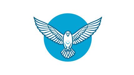 Obraz premium Stylized blue flying dove illustration with widespread wings, a symbol of peace and freedom, set against a blue circle and white background.