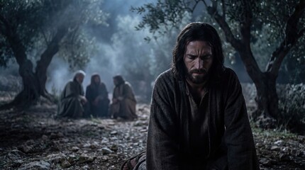 Naklejka premium Jesus praying in Gethsemane garden before crucifixion. Passion Week, Maundy Thursday, religious, biblical concept.