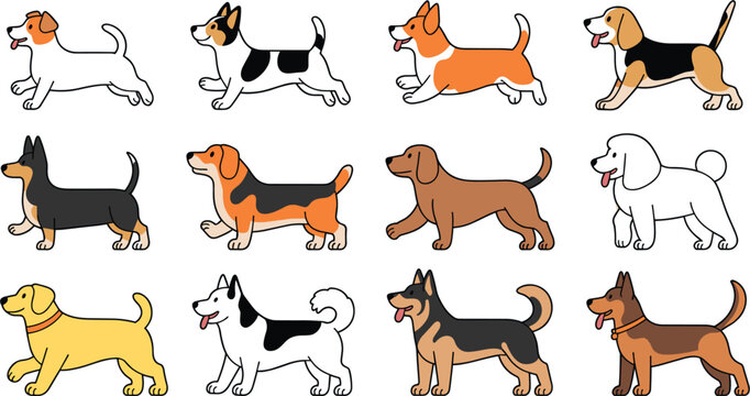 Cute cartoon golden retriever dog running with tongue out, happy yellow labrador puppy vector illustration isolated on white background for pet care and branding.