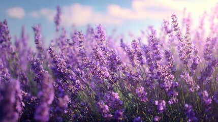 Obraz premium Lavender Field in Bloom: An ethereal close-up unveils a serene panorama of blooming lavender, their vibrant purple hues dancing gently against a backdrop of a clear sky.