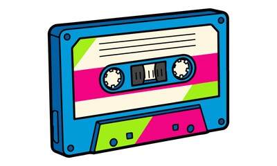 Obraz premium Bright Blue Cassette Tape Vector Illustration 80s Neon Style