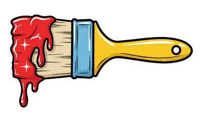 Paintbrush Dipped in Dripping Red Paint Pop Art Style Vector Icon.