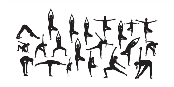 Minimalist yoga poses and mats line icons set. Vector illustration of meditation, relaxation, fitness, pilates, stretching, balance, wellness, and sport activity line art on white background