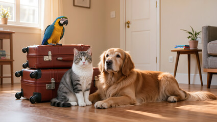 Humorous travel concept with parrot, cat and golden retriever sitting by suitcases in cozy home interior scene