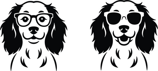 Minimalist black and white Cavalier King Charles Spaniel dog line art vector set wearing geek glasses and summer sunglasses for modern pet logos and decals. © Sujon Shah
