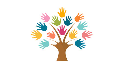 Unity Tree with Multicolored Handprints Illustrating Diversity, Community, Inclusion, and Social Support