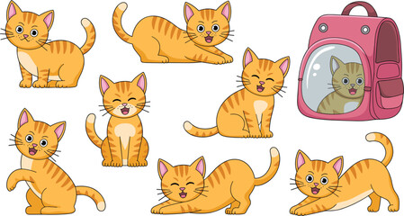 Obraz premium Cute happy ginger cat character set with expressive faces, adorable orange tabby kitten vector illustrations including pink travel carrier backpack and playful poses.