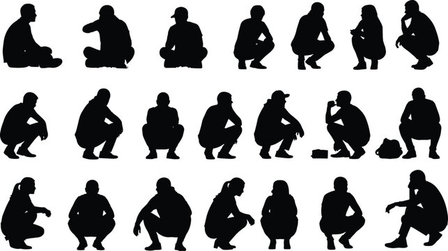 Silhouette collection of men and women sitting squatting and crouching on ground isolated on white background for people.