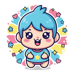 Naklejka premium Happy cartoon child with blue hair and colorful background