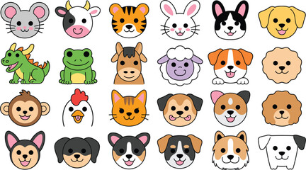 Fototapeta premium Large set of twenty four cute cartoon animal face avatars, adorable pet and farm animal head icons, kawaii vector illustrations for children education and apps.