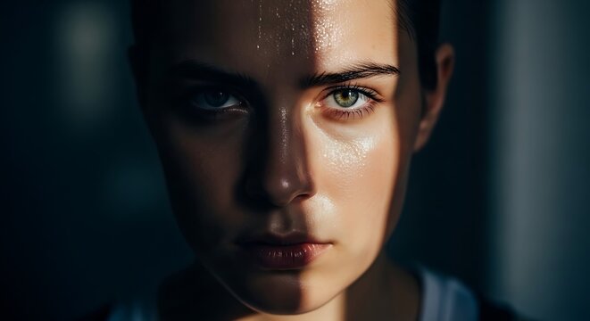 Intense close-up portrait of a determined woman with sweat glistening on her face in dramatic lighting