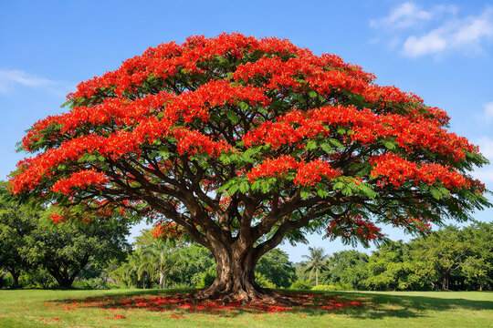 Flamboyant, Delonix Regia: Beautiful flowering tree with showy red flowers. Natural beauty to decorate the streets, squares and parks of the cities. Tropical tree.