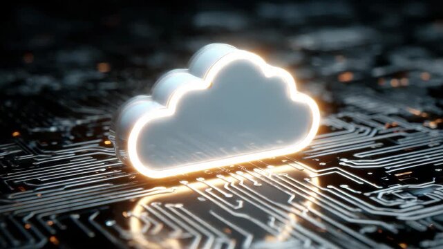 Bright abstract cloud symbol glowing on a circuit board background, representing technology and digital connectivity in a modern, futuristic design