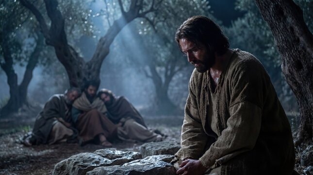 Man praying in Gethsemane garden on Maundy Thursday. Jesus Christ with disciples on passion week. Biblical scene, Christian concept.