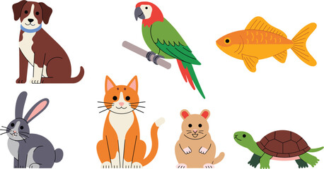 Fototapeta premium Flat vector illustration set of domestic pets including dog cat parrot goldfish rabbit hamster and turtle isolated on white background.