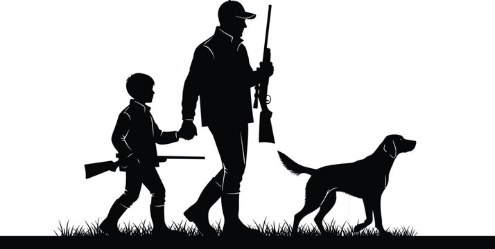 Silhouette of hunter father and son walking with hunting dog and rifle gun isolated on white background for lifestyle.