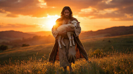 Fototapeta premium Jesus Christ good shepherd carrying white lamb while walking through sunny meadow sunset. Peaceful spiritual portrait of savior in ancient robes holding small sheep during beautiful warm golden hour.