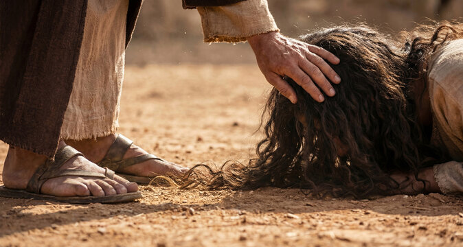 Jesus Christ hand resting on Maria Magdalena head while crying at his feet. Biblical scene of mercy and forgiveness in dusty desert. Sacred Christian art of compassion, grace and deep spiritual hope.