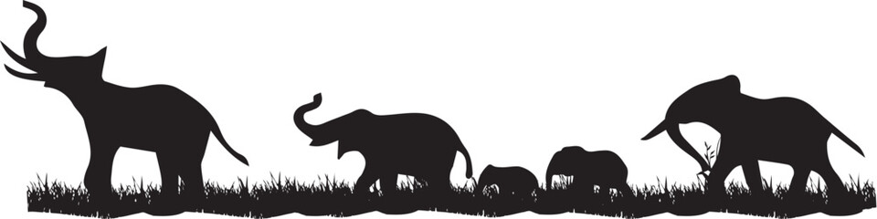 Elephant Family Silhouette Vector Banner – African Wildlife Safari Illustration with Grass Landscape © Ibrahim