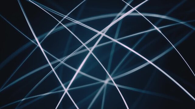 Seamless loop animation background of abstract blue light particles trails crossing on dark background, concept for data flow, or atomic level orbits
